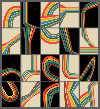 Retro 70s Lines Backgrounds Set. Trendy Minimalistic Vintage 1970s striped design poster. Groovy Old-fashioned rainbow color artwork template collection.のイラスト素材