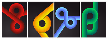 Retro 70s Lines Backgrounds Set. Trendy Minimalistic Vintage 1970s striped design poster. Groovy Old-fashioned rainbow color artwork template collection.のイラスト素材