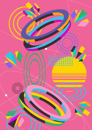 Retro psychodelic volumetric vector poster with vibrant geometrical graphic art. Simple geometric shapes background. Abstract busy old cartoon illustration banner.のイラスト素材