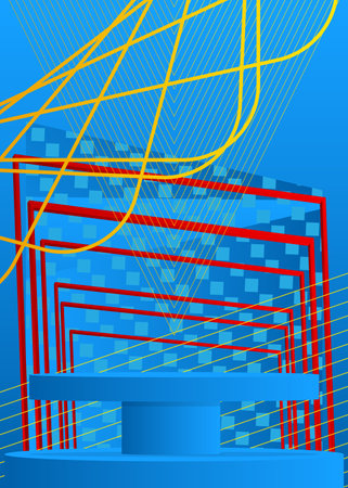 Blue, red and yellow product display. Mockup cylinder pedestal podium. Realistic stage showcase for presentation. Abstract minimal geometric forms. Vector empty scene, room.のイラスト素材