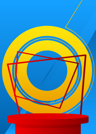 Blue, red and yellow product display. Mockup cylinder pedestal podium. Realistic stage showcase for presentation. Abstract minimal geometric forms. Vector empty scene, room.のイラスト素材