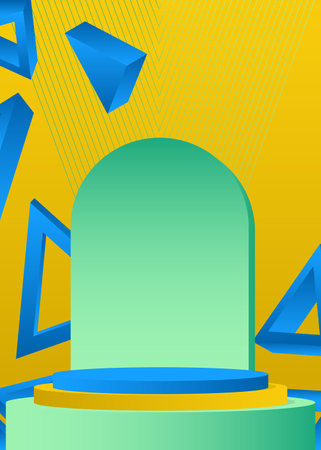 Blue, Yellow, Turquoise minimal geometric product display. Mockup cylinder pedestal podium. Vector stage showcase for presentation.のイラスト素材