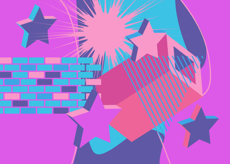 Blue, pink and purple busy psychodelic volumetric background. Simple geometric vector. Vibrant graphic old retro geometrical shapes. Abstract art cartoon banner, poster illustration.のイラスト素材