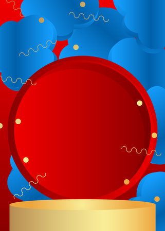 Abstract red, blue and gold mockup product display. Cylinder pedestal podium for presentation. Minimal geometric stage showcase. Vector 3D scene.のイラスト素材