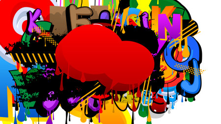 Red Speech Bubble Graffiti with colorful Background. Urban painting style backdrop. Abstract discussion symbol in modern dirty street art decoration.のイラスト素材