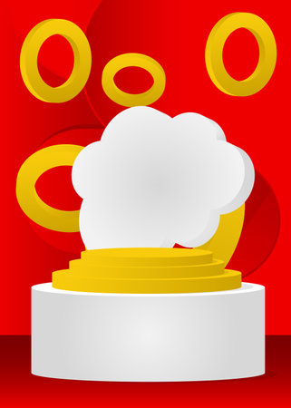 Red, yellow and white realistic stage showcase for presentation. Abstract Mockup minimal geometric forms, empty scene. Futuristic product display, cylinder pedestal podium.のイラスト素材