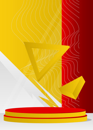 Red, yellow and white realistic stage showcase for presentation. Abstract Mockup minimal geometric forms, empty scene. Futuristic product display, cylinder pedestal podium.のイラスト素材