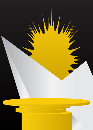 Abstract Yellow Black and White cylinder pedestal podium. Mockup product display. Minimal stage showcase for presentation.Vector 3D geometric forms, empty scene.のイラスト素材