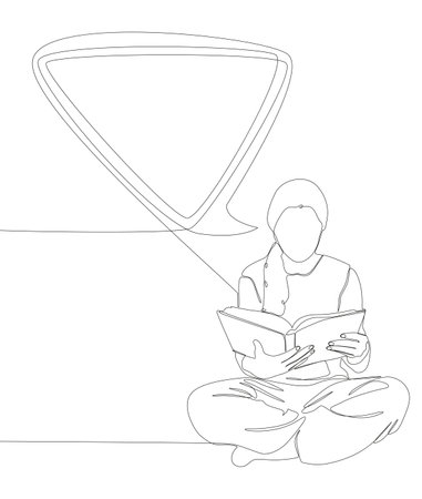 One continuous line of speech bubble with girl reading a book. Thin Line Illustration vector education concept. Contour Drawing Creative ideas.のイラスト素材