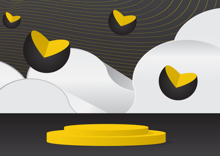 Abstract Yellow Black and White cylinder pedestal podium. Mockup product display. Minimal stage showcase for presentation.Vector 3D geometric forms, empty scene.のイラスト素材