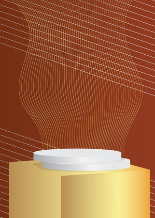 Brown, gold and white cylinder pedestal podium. Abstract stage showcase for presentation. Futuristic product display. Mockup minimal geometric forms, empty scene.のイラスト素材