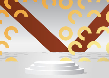 Brown, gold and white cylinder pedestal podium. Abstract stage showcase for presentation. Futuristic product display. Mockup minimal geometric forms, empty scene.のイラスト素材