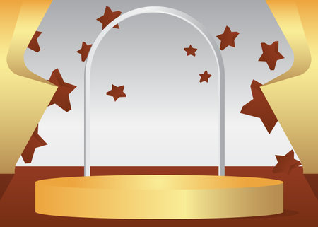 Brown, gold and white cylinder pedestal podium. Abstract stage showcase for presentation. Futuristic product display. Mockup minimal geometric forms, empty scene.のイラスト素材