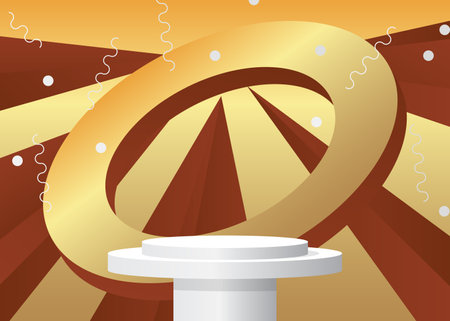 Brown, gold and white cylinder pedestal podium. Abstract stage showcase for presentation. Futuristic product display. Mockup minimal geometric forms, empty scene.のイラスト素材