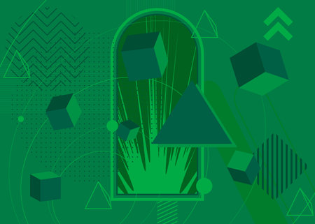 Green vibrant geometrical shapes background. Abstract old simple geometric vector banner, poster. Retro graphic busy psychodelic volumetric art illustration.のイラスト素材