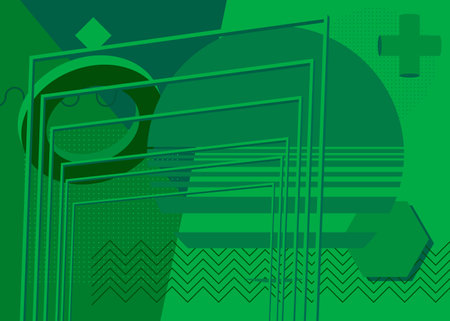 Green vibrant geometrical shapes background. Abstract old simple geometric vector banner, poster. Retro graphic busy psychodelic volumetric art illustration.のイラスト素材
