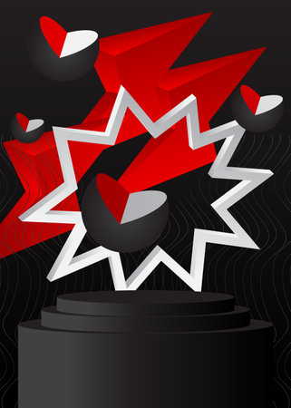 Black, white and red product display. Mockup cylinder pedestal podium. Abstract futuristic stage showcase for presentation. Realistic vector 3D room, sci-fi minimal geometric scene.のイラスト素材