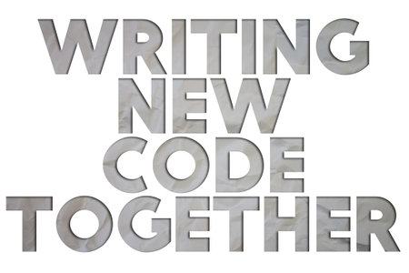 Writing New Code Together text with Torn, Crumpled White Paper on colored background.の写真素材