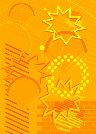 Yellow simple geometric vector banner, poster. Vibrant old geometrical shapes background. Abstract retro graphic busy psychodelic volumetric art illustration.のイラスト素材