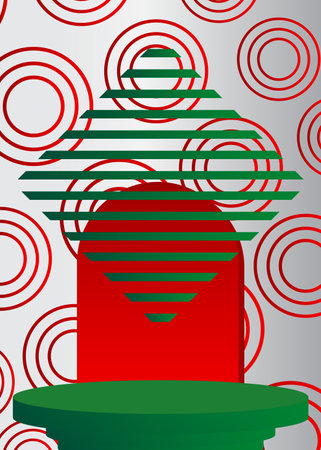 Abstract green red and white stage showcase for presentation. Vector 3D mockup product display. Minimal cylinder pedestal podium. Simple geometric forms, empty scene.のイラスト素材