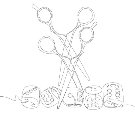 One continuous line of dice and scissor. Thin Line Illustration vector concept. Contour Drawing Creative ideas.のイラスト素材