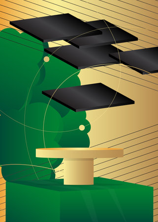 Abstract black, green and gold cylinder pedestal podium. Mockup futuristic product display. Vector 3D minimal geometric stage showcase for presentation.のイラスト素材