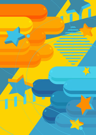 Abstract blue and yellow old geometrical shapes background. Simple retro geometric cartoon art illustration. Vibrant graphic busy psychodelic volumetric vector banner, poster.のイラスト素材