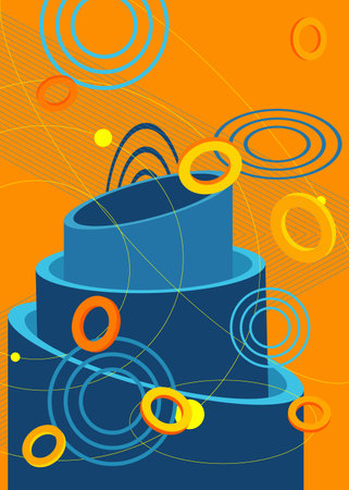 Abstract blue and yellow old geometrical shapes background. Simple retro geometric cartoon art illustration. Vibrant graphic busy psychodelic volumetric vector banner, poster.のイラスト素材