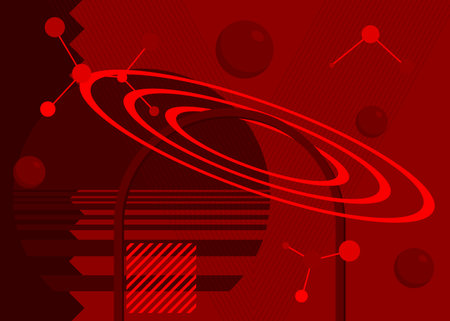 Abstract red graphic psychodelic background. Simple volumetric vector banner, poster. Vibrant busy geometrical shapes. Retro geometric cartoon art illustration.のイラスト素材