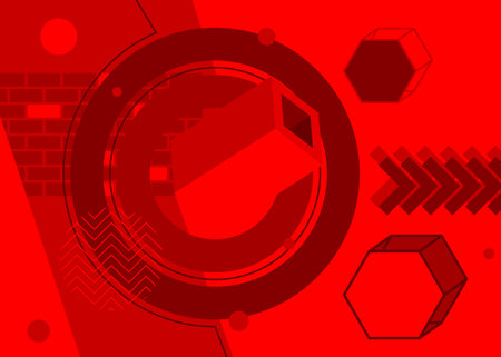 Abstract red graphic psychodelic background. Simple volumetric vector banner, poster. Vibrant busy geometrical shapes. Retro geometric cartoon art illustration.のイラスト素材