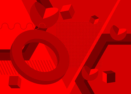 Abstract red graphic psychodelic background. Simple volumetric vector banner, poster. Vibrant busy geometrical shapes. Retro geometric cartoon art illustration.のイラスト素材