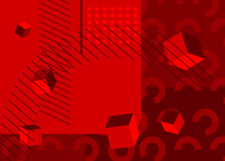 Abstract red graphic psychodelic background. Simple volumetric vector banner, poster. Vibrant busy geometrical shapes. Retro geometric cartoon art illustration.のイラスト素材