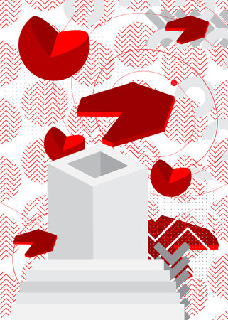 Retro minimal red and white abstract geometric poster. Vintage busy geometrical graphic shapes template.のイラスト素材