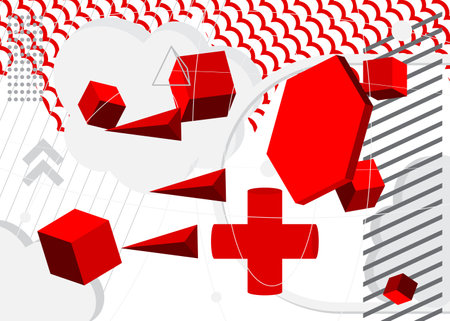Retro minimal red and white abstract geometric poster. Vintage busy geometrical graphic shapes template.のイラスト素材