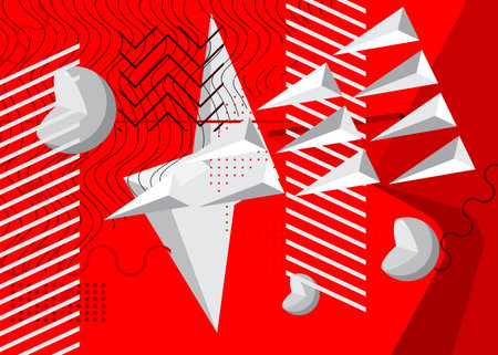 Retro minimal red and white abstract geometric poster. Vintage busy geometrical graphic shapes template.のイラスト素材