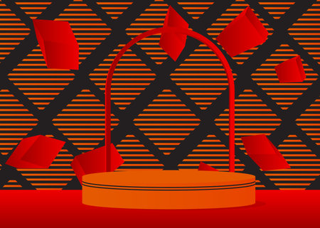 Black, orange and red stage showcase. Abstract Mockup cylinder pedestal podium. Vector product display for presentation. Minimal geometric scene.のイラスト素材