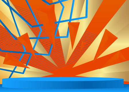 Blue, orange and gold product display. Mockup cylinder pedestal podium. Abstract stage showcase for presentation. Vector 3D minimal geometric forms, empty scene.のイラスト素材
