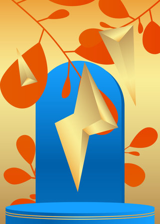 Blue, orange and gold product display. Mockup cylinder pedestal podium. Abstract stage showcase for presentation. Vector 3D minimal geometric forms, empty scene.のイラスト素材
