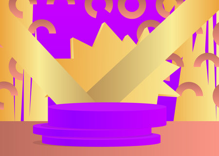Abstract gold, purple and light red cylinder pedestal podium. Mockup minimal geometric product display. Vector stage showcase for presentation.のイラスト素材