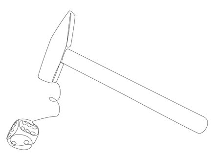 One continuous line of Hammer and Dice. Thin Line Illustration vector concept. Contour Drawing Creative ideas.のイラスト素材