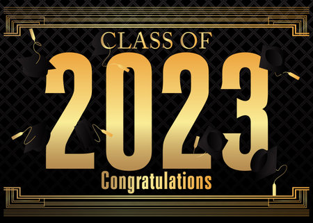 Black and gold class of 2023 Graduation design template. Vintage party invitation, congratulation event, greeting card. Vector high school or college graduate poster with retro art deco elements.のイラスト素材