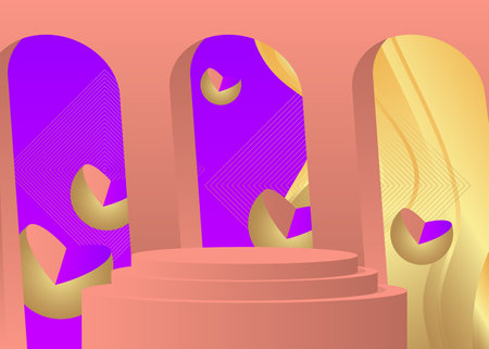Abstract gold, purple and light red cylinder pedestal podium. Mockup minimal geometric product display. Vector stage showcase for presentation.のイラスト素材
