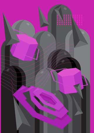 Black and purple vintage shapes template. Abstract retro minimal geometrical graphic theme. Geometric elements for poster, banner, cover.のイラスト素材
