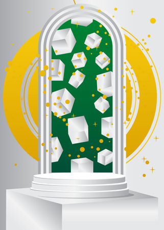 Green, Yellow and white stage showcase for presentation. Abstract vector cylinder pedestal podium. Minimal geometric mockup product display.のイラスト素材