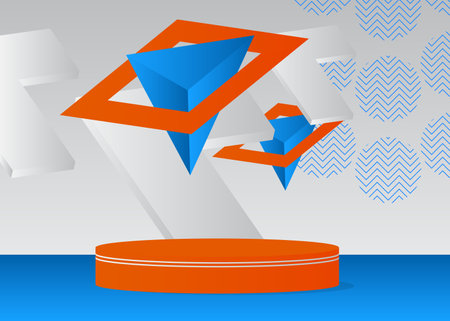 Abstract orange, blue and white cylinder pedestal podium. Mockup stage showcase for presentation. Minimal geometric product display. Vector 3D futuristic Sci-fi forms, empty scene.のイラスト素材