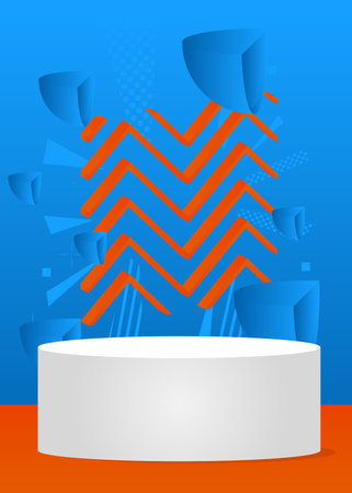 Abstract orange, blue and white cylinder pedestal podium. Mockup stage showcase for presentation. Minimal geometric product display. Vector 3D futuristic Sci-fi forms, empty scene.のイラスト素材