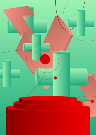 Light red, pink, red and turquoise cylinder pedestal podium. Mockup product display for presentation. Vector 3D stage showcase. Abstract minimal geometric forms, empty scene.のイラスト素材