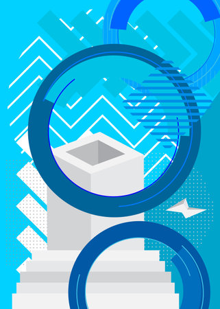 Blue and white geometric bright theme poster banner. Geometrical retro graphic minimal background. Vintage random shapes template for cover design.のイラスト素材