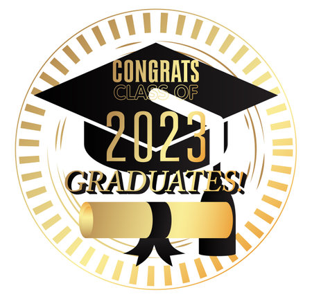 Graduation black and gold vector design. Class of 2023, golden high school or college graduate template. Text for congratulation event, party, greeting, invitation, card, web banner, yearbook.のイラスト素材