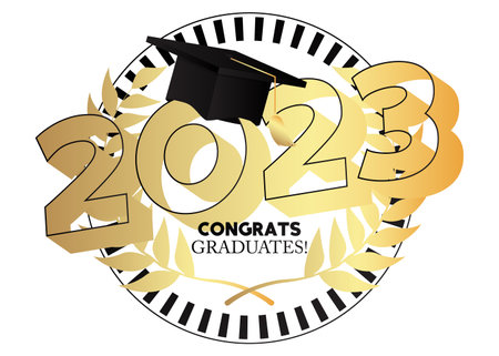 Graduation black and gold vector design. Class of 2023, golden high school or college graduate...